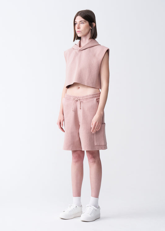 14 OZ Sleeveless Garment Dye Interlock Hooded Crop Top Short Set