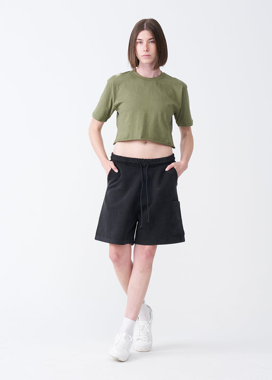 Olive Green Combed Cotton Crop Top T-Shirt