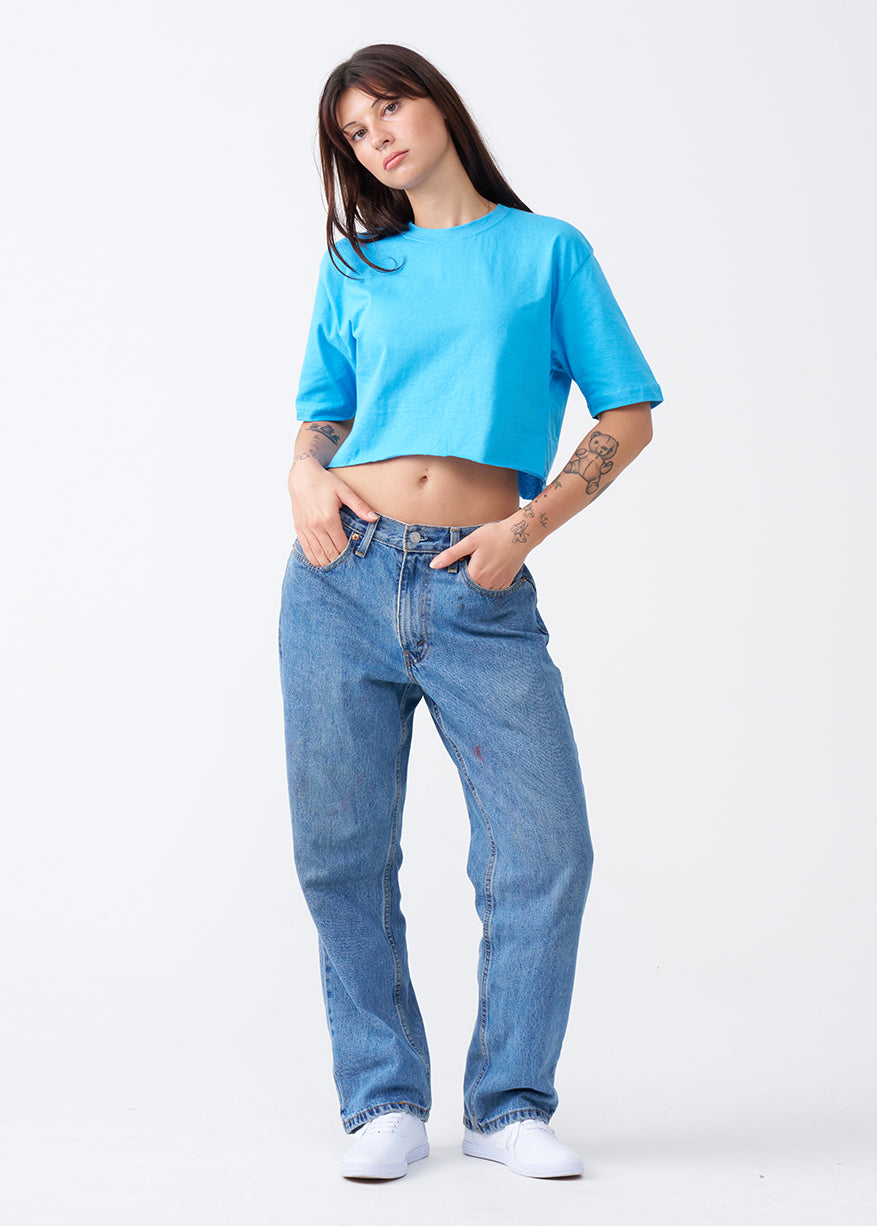 Sky Blue Combed Cotton Crop Top T-Shirt